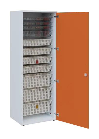 EUROMEDICA D - 66 skříň léková boxová, 1-dveřová, pravá, 1950x660x535, korpus bílý, dvířka mandarinka